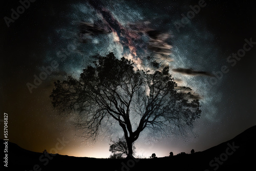 picture of a long exposure showing a tree silhouette and the milky way. Generative AI