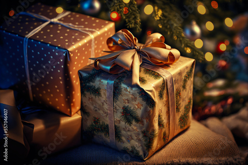 Christmas gift boxes on bokeh background with ornaments and tree