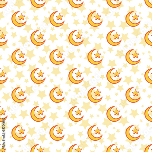 Islamic Symbol Crescent Moon with Star Seamless Pattern. Vector background