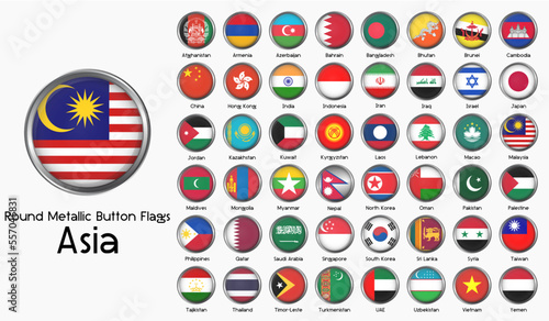 Asian continent country flags with round metallic button. Collection of 48 flags.