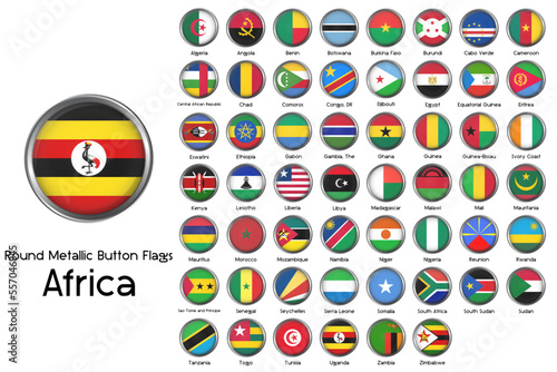 African continent country flags with round metallic button. Vector illustration.