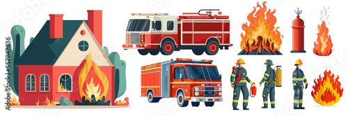 Firefighters extinguish a fire in a house, fire, fireman, fire truck isolated on a white background.