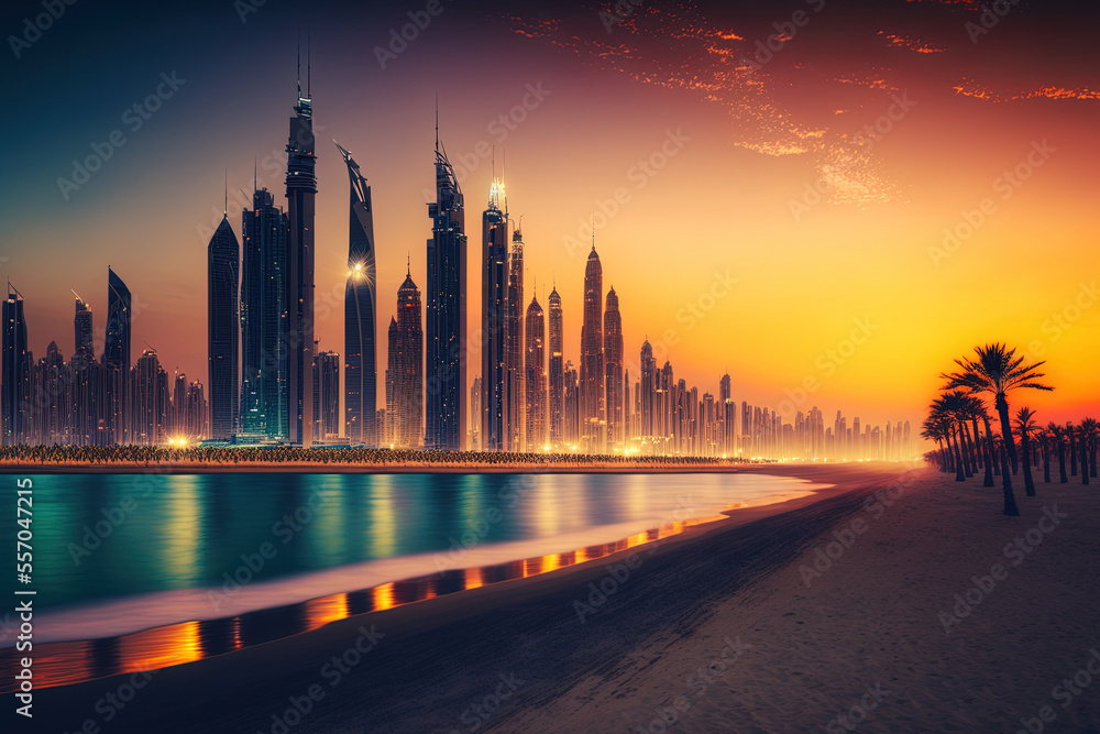 Amazing views of Dubai's downtown skyline and the world famous Jumeirah beach at dusk, United Arab Emirates. Generative AI