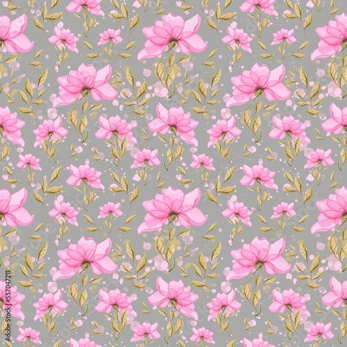 Wallpaper Mural Watercolor illustration of a simple pink flower with leaves. A delicate, seamless pattern on a gray background. For design, fabrics, textiles, clothing, prints, wallpaper, scrap paper Torontodigital.ca