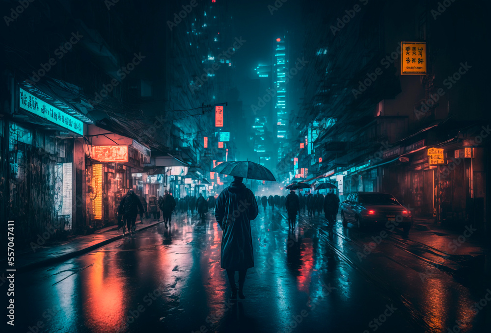 Generative AI illustration of a Rainy foggy night on a street of a ...