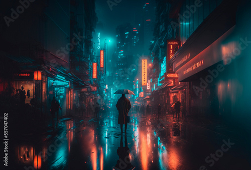 Generative AI illustration of a Rainy foggy night on a street of a cyberpunk city. Huge neon skyscrapers. Wet asphalt reflecting glowing neon lights. Gloomy urban scene.