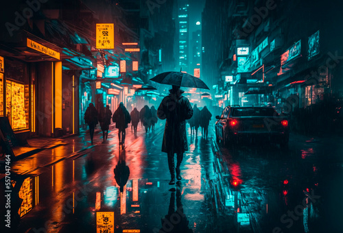 Generative AI illustration of a Rainy foggy night on a street of a cyberpunk city. Huge neon skyscrapers. Wet asphalt reflecting glowing neon lights. Gloomy urban scene.