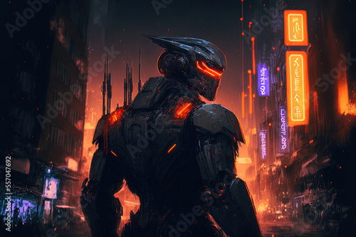 A nighttime cityscape with luminous buildings and a cyberpunk robot with red orange eyes. Generative AI