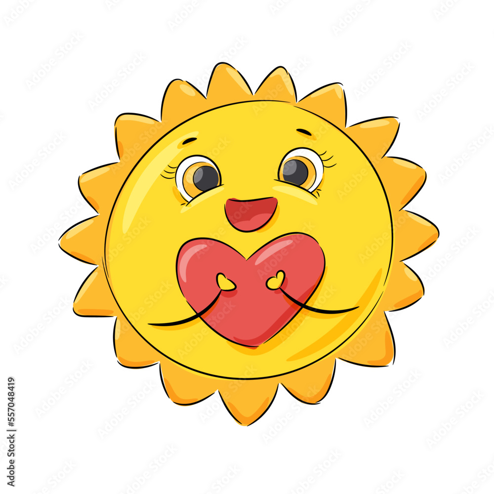 Sweet sun holds a big red heart. Illustration in children's style for a valentine's day card. Cartoon vector illustration.