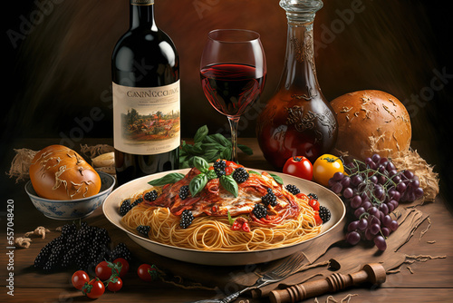Italian food with red wine. Generative AI