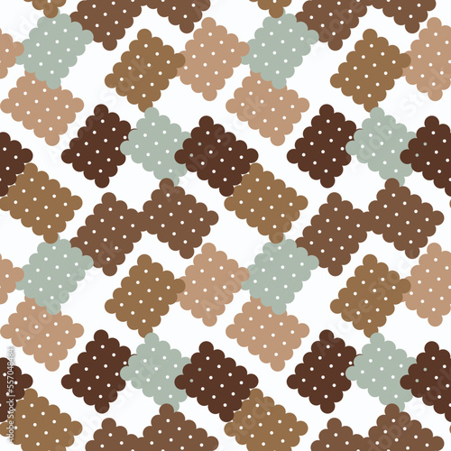 Colored cookies seamless pattern on white background. Tasty crackers, crunchy biscuits breakfast design. Vector illustration.