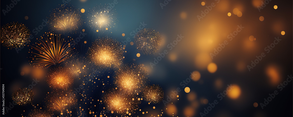 Fototapeta premium Gold and dark blue Fireworks and bokeh in New Year eve. colorful fireworks and Christmas lights. Vector festive illustration