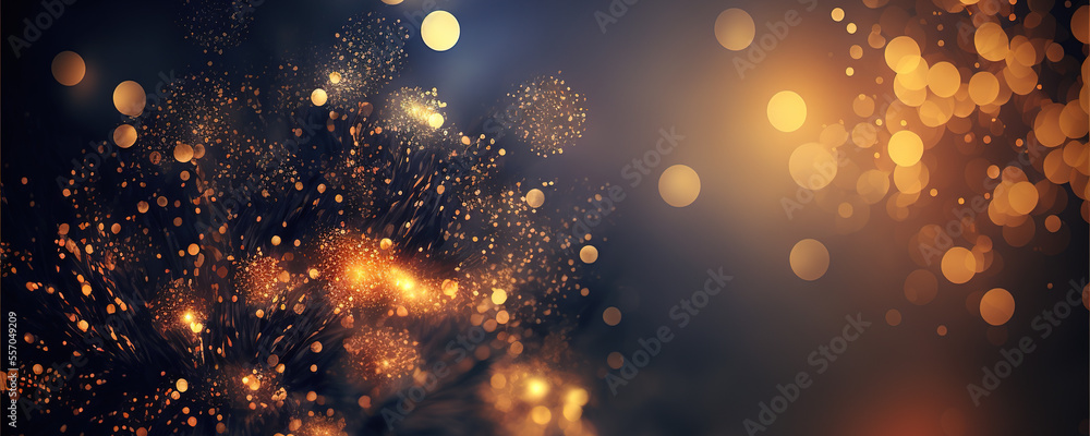 Gold and dark blue Fireworks and bokeh in New Year eve. Abstract background. Copy space. Celebration concept Gold and dark blue Fireworks and bokeh in New Year eve. Abstract background. Copy space. Celebration concept