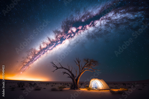 Beautiful milky way and galactic core nighttime scenery above camping in Namibia's Etosha National Park. Generative AI
