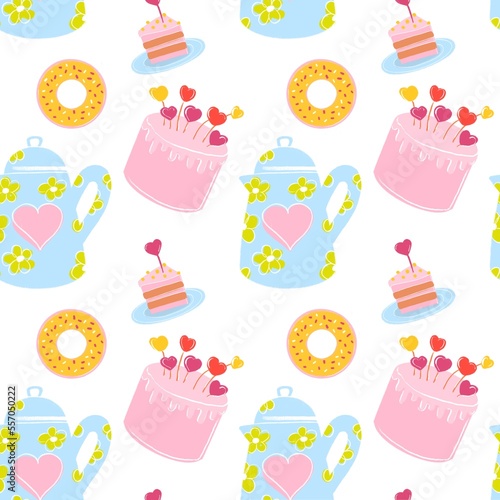 seamless Pattern cute pink desserts on a white background