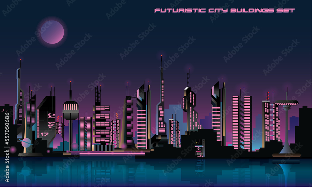 Futuristic Sci Fi Night City Skyline At Night With Moon Retrowave