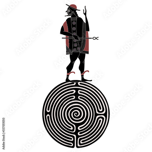 Ancient Greek god Hermes or Mercury standing on top of a round spiral maze or labyrinth symbol. Creative mythological concept.