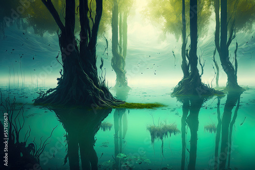 Abstract swamp underwater landscape with drowned trees and algae in the clear water, marine ecology. Generative AI