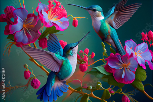 hummingbirds and flowers generative art