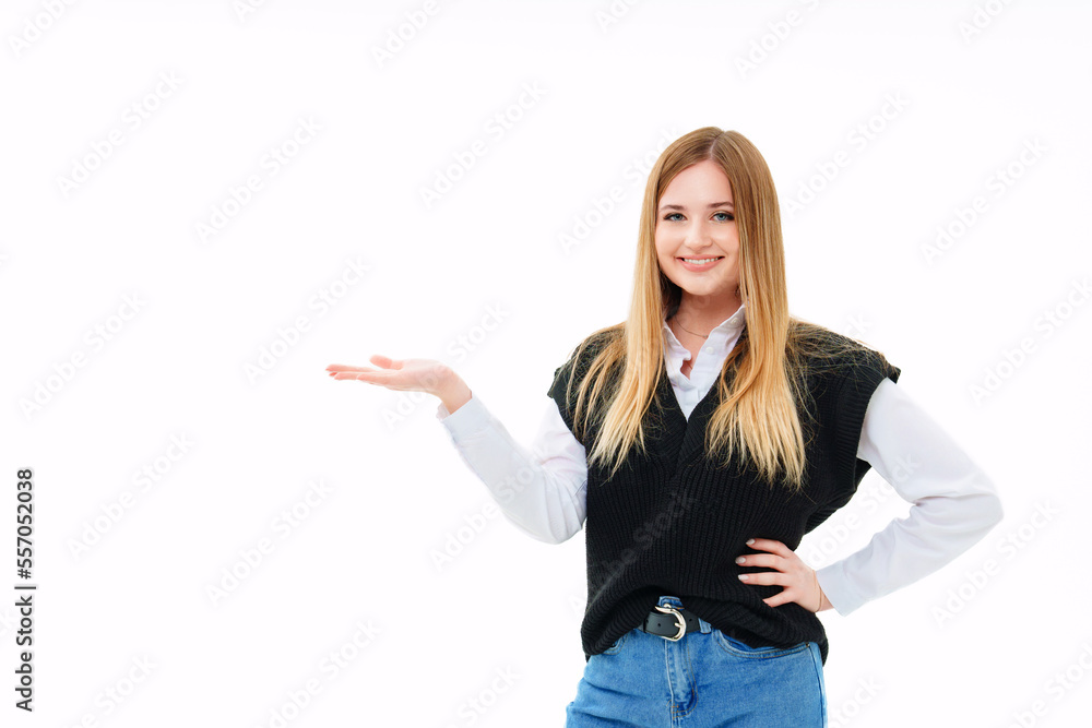 a blonde in a black vest shows hands on a white background a blonde in a black vest shows hands on a white background
