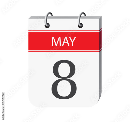 8 may calendar page vector. 3d one day calendar date appointment, deadline, event reminder illustration. Abstract three dimensional daily date calendar.
