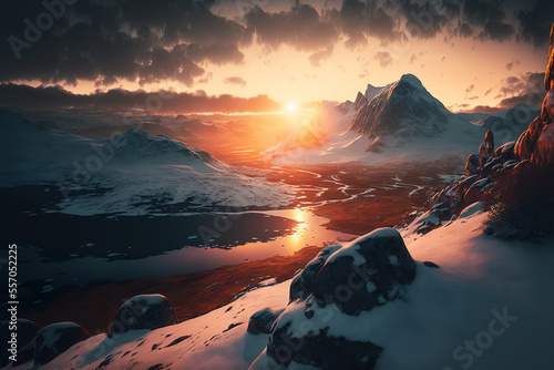 northern swedish mountains, snow, sunset, winter, art illustration