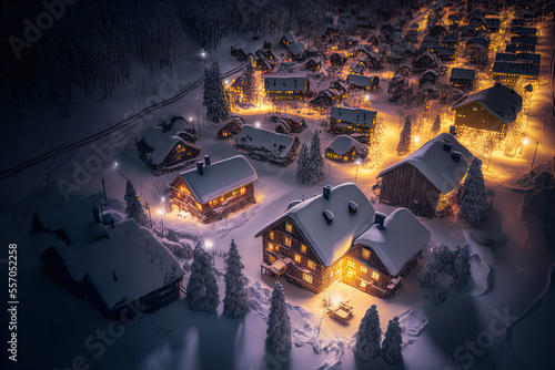 Beautiful nighttime aerial view of a Scandinavian country with slopes, a ski resort, and cottages lit up with lights, as well as a comfortable chalet residence coated in snow. Generative AI photo