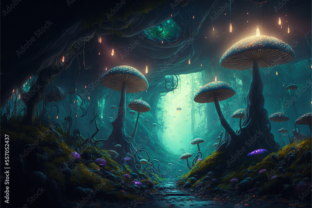 Obraz premium Night in the forest with mushrooms (Generative AI)