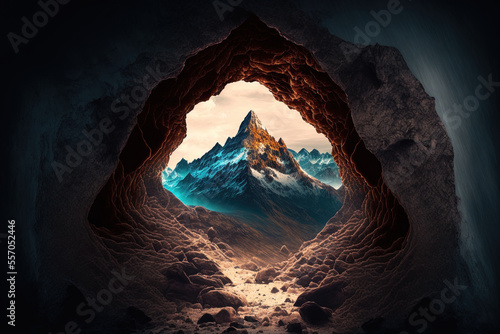 Mountain cave entrance with a void in it. Generative AI
