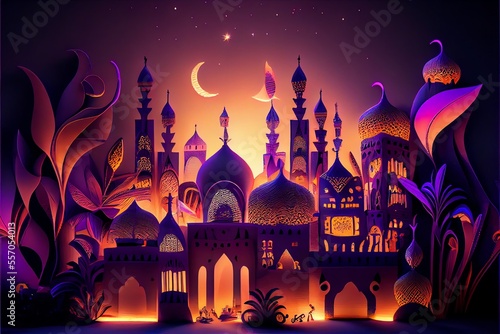 Fairy-tale Arabian night city towers and mussels concept art. Generative AI
