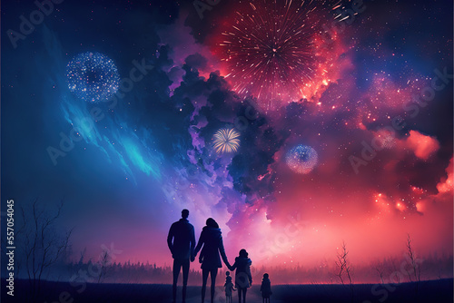 Family watching fireworks to celebrate new year