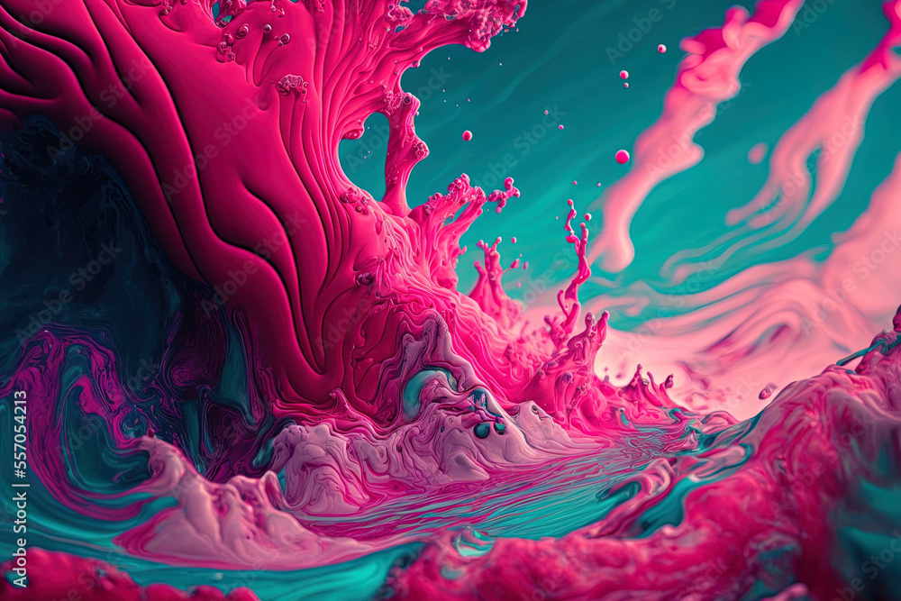Abstract pink moving acrylic paints on a fluid backdrop with the ocean and space in the background. Generative AI