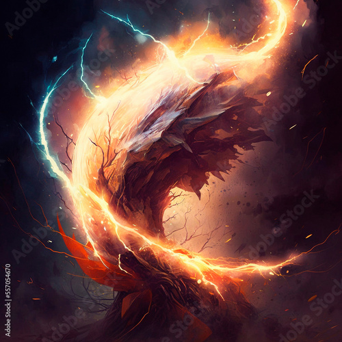 Abstract image of the energy of fire and lightning, which mix into something unified. High quality illustration
