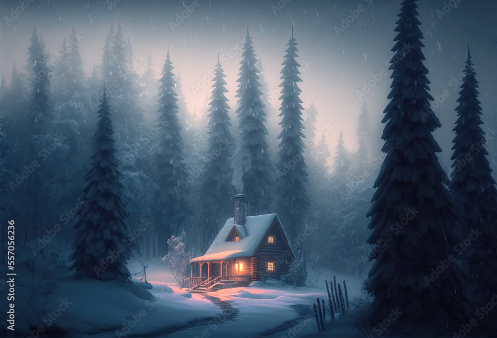 Little cabin in winter forest at misty evening surrounded by fir trees covered with snow. Generative AI illustration