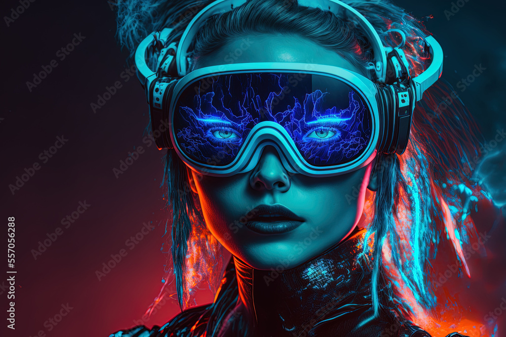 Young cybergirl in portrait wearing sci fi virtual reality glasses on neon blue background. Generative AI