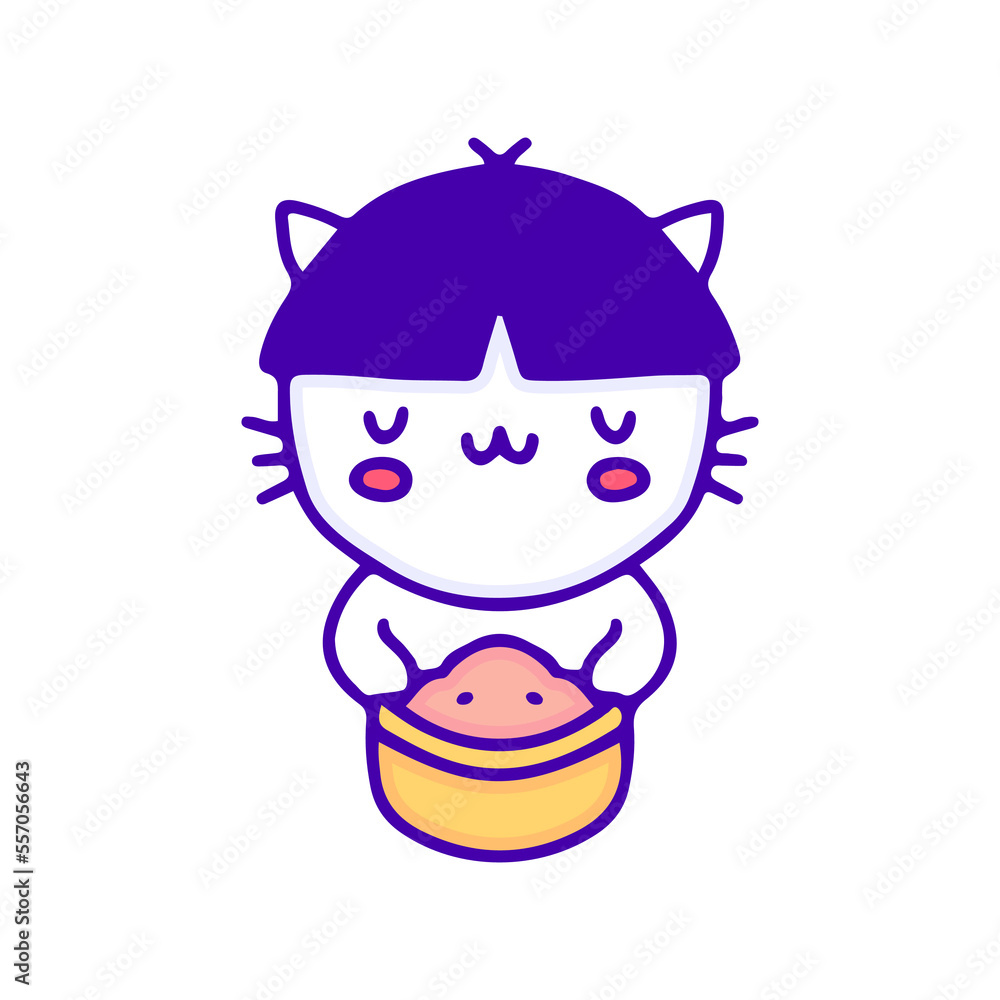 Cute cat with funny hair holding food doodle art, illustration for t-shirt, sticker, or apparel merchandise. With modern pop and kawaii style.