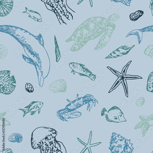 Underwater sea life vector seamless pattern. Exotic fish, dolphin, starfish, shells, crab, turtle, jellyfish outline drawings. Abstract ornament of tropical ocean animals.