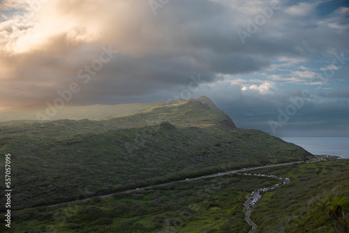 Green Mountain at sunset time with the sky and the ocean