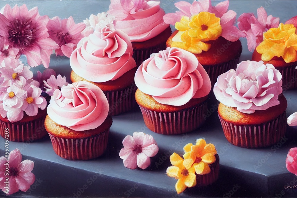 Pretty Pink Spring Cupcakes Decorated With Flowers (Generative AI)