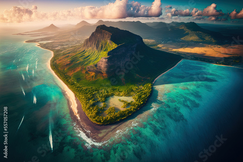 Fotografia Le Morne Mountain, Mauritius, Africa, as seen from above