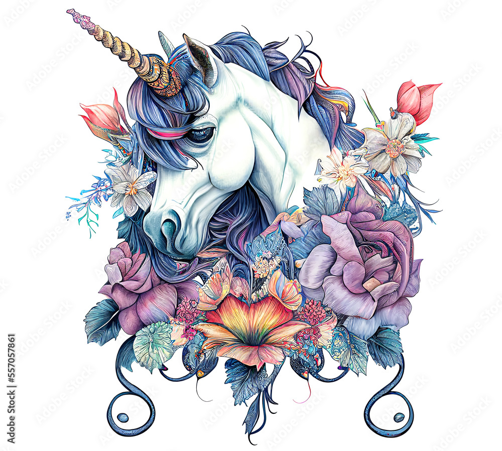 Elegant head of the unicorn with a long mane whit flowers in vintage ...