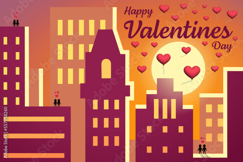 Happy Valentines Day text amid hearts balloons in sunset cityscape with silhouettes of couples,vector illustration