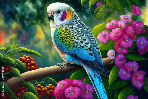 Fototapeta a colorful bird perched on a branch with flowers in the background and a forest of trees and bushes behind it