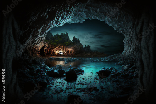 Canvas Print Underwater cave with deep blue water and rocky walls at moonlight
