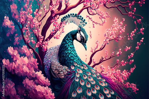  a painting of a peacock in a tree with pink flowers and a pink sky in the background with a pink and blue background. generative ai photo