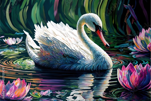Fotografia a swan is swimming in a pond with flowers around it and a reflection of its body in the water