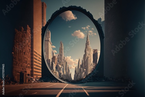 Photo a futuristic city with a circular mirror reflecting the view of the city in the mirror