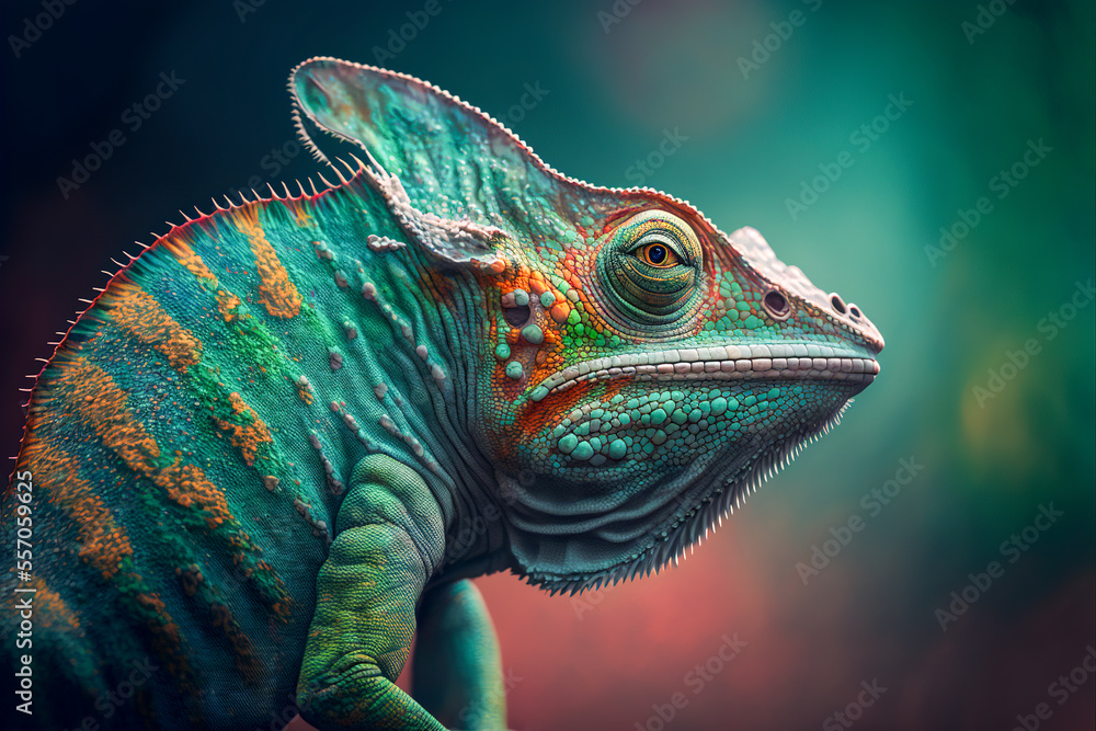 Green colored chameleon close up. Generative AI. - obrazy, fototapety, plakaty 