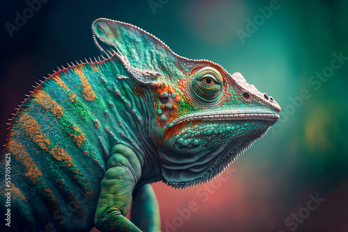 Fototapeta Green colored chameleon close up. Generative AI.