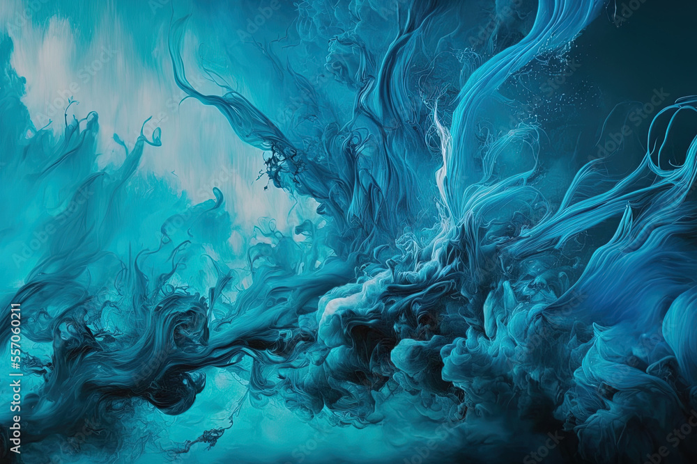 Abstract blue acrylic paint background with flowing art undersea ocean of lactic smoke. Generative AI